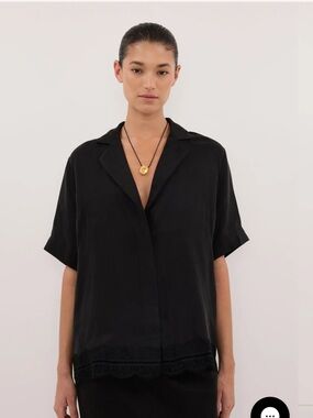 DISSH Black Short-Sleeve Button-Front Blouse with Lace Trim